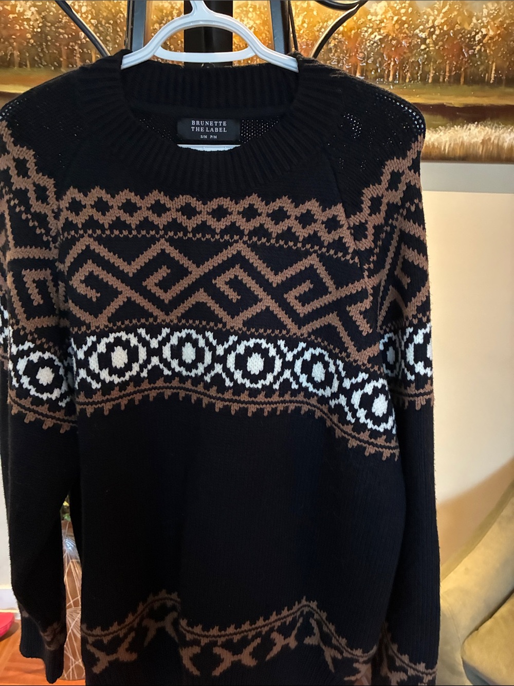 Brunette The Label Black Crewneck Sweater with Brown and White Fair Isle
